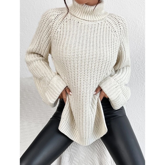 Casual Pullover Sweater Cable Knit Turtleneck Light Beige High Neck Long Sleeve - Picture 5 of 8